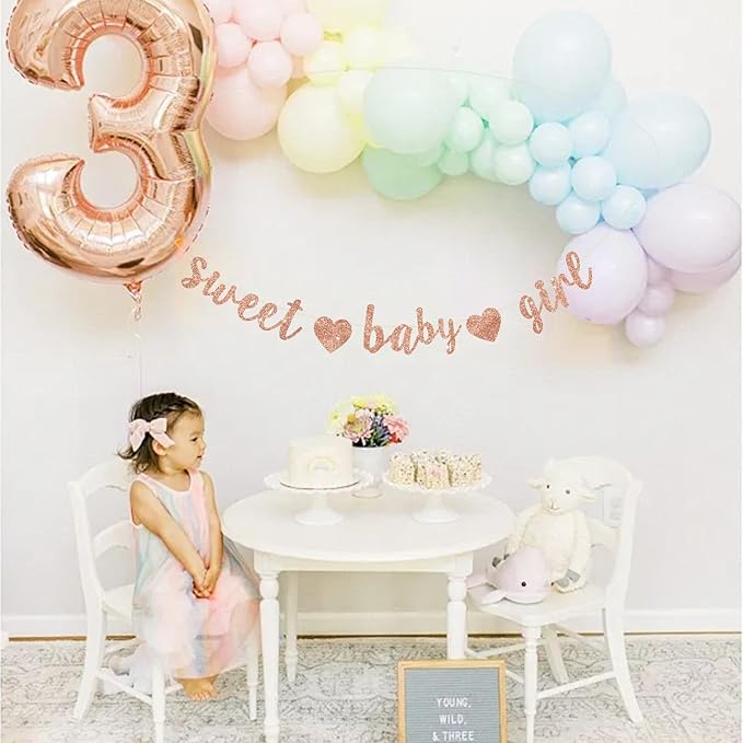 BEISHIDA Rose Gold Glitter Girl Baby Banner,NO DIY, Pre-Strung Baby Gender Party Banner For Girls, Girl Baby Shower Decorations,First Birthday Sweet party supplies
