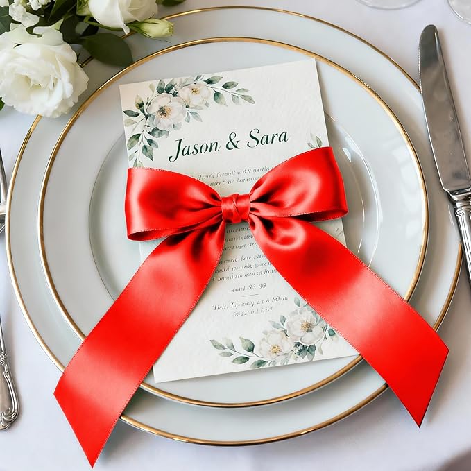 1-1/2" x 100 Yards Satin Ribbon - Wide Silk Red Ribbon with Spool - Ideal for Gift Wrapping, Floral Bouquets, Crafts, Wedding Party Decorations, Christmas and Sewing Projects