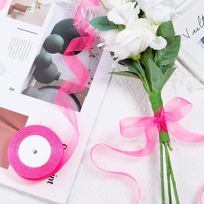 Hot Pink Ribbon for Gift Wrapping 1 inch Sheer Organza Ribbon for Flower Bouquet Tulle Thin Chiffon Ribbons for Wedding Invitations Presents Decorations Crafts 50 Yards