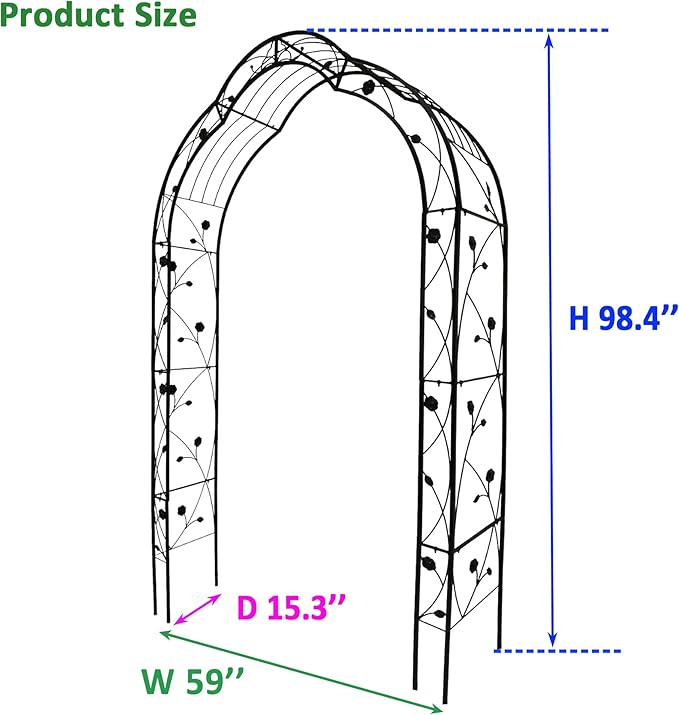 Metal Garden Arch, Assembly Garden Arbor Trellis Climbing Plants Support Rose Arch Outdoor Wedding Arch Party Events Archway (W59'' x H98.4'', Black)