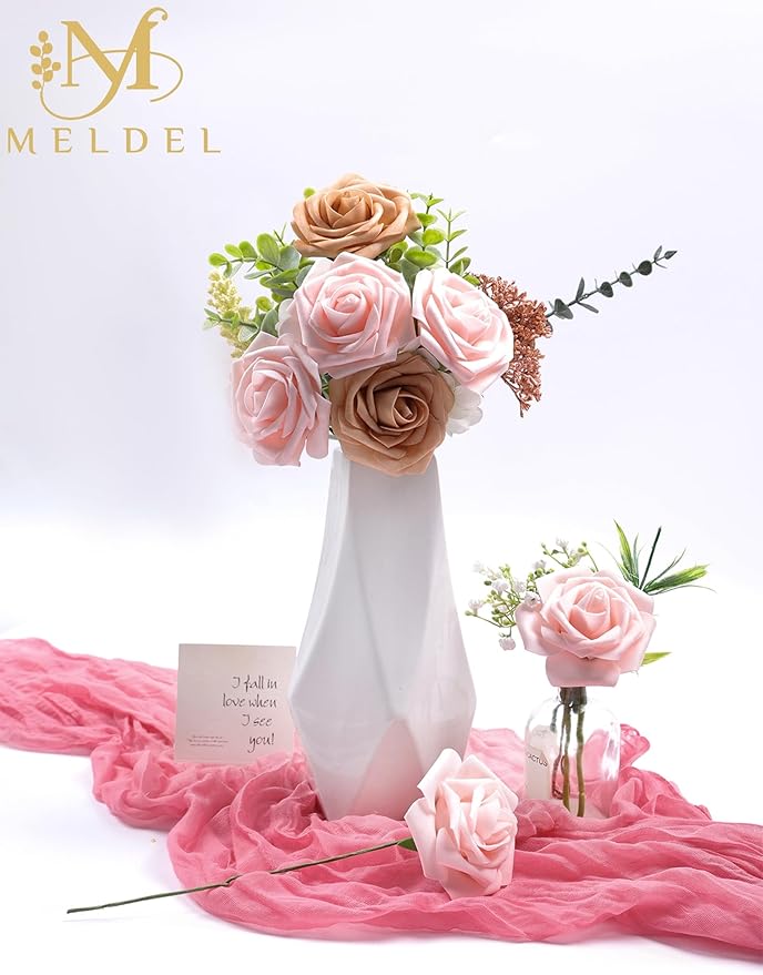 Meldel Artificial Flowers 25pcs Real Looking Blush Foam Fake Roses with Stems for DIY Wedding Bouquets Bridal Shower Centerpieces Floral Arrangements Home Decorations