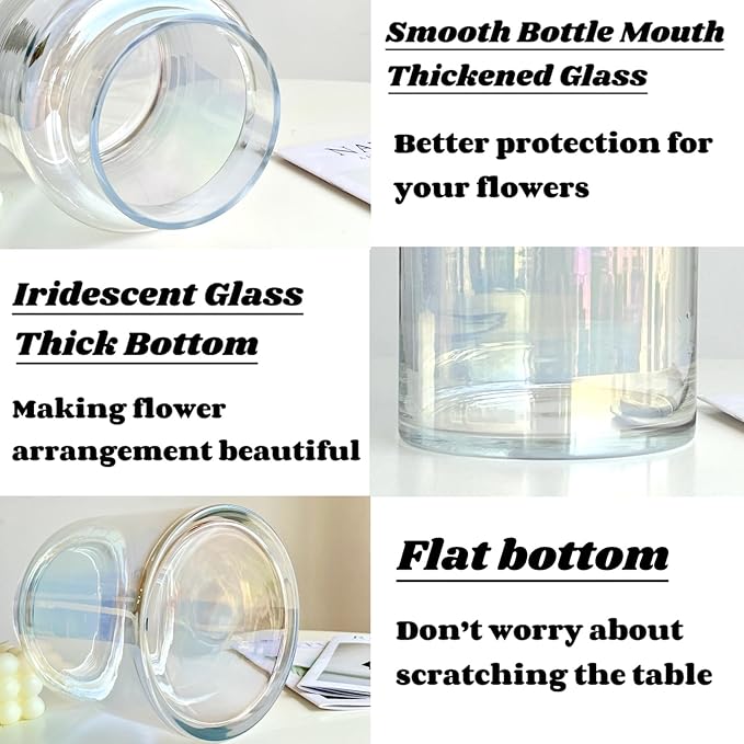 BLOFLO Iridescent Glass Vase, 7 Inch Large Glass Vase for Flowers, Modern Thick Glass Flower Vases for Centerpieces, Decorative Glass Cylinder Hydroponic Vase for Wedding, Home, Office