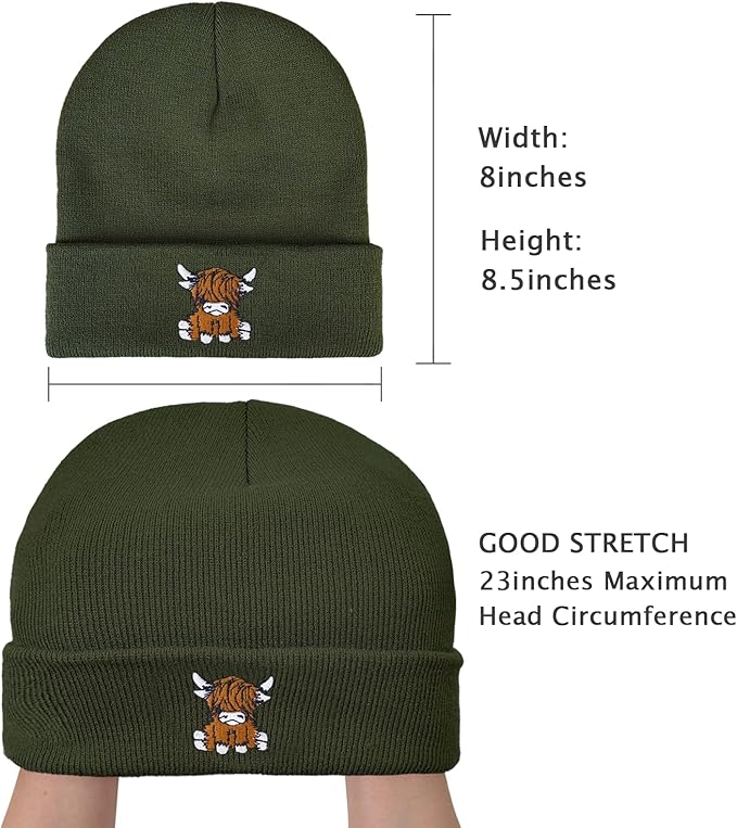 Scottish Highland Cow Beanie Hat, Cute Funny Cow Embroidery Winter Knit Skull Cap for Adult Men Women