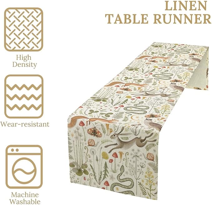 Country Forest Table Runner, Wild Animal Hare Squirrel Owl Snake Snail Flowers Mushroom Print Table Runner for Spring Holiday Farmhouse Kitchen Indoor Outdoor Decoration, 13x60inch
