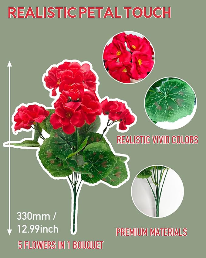 12 Bundles Geranium Christmas Artificial Flowers for Outdoors - UV Resistant Fake Flowers Outside for Planter Hanging Basket, Realistic Silk Faux Plants for Home Porch Garden Patio Décorations