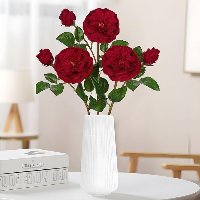 Real Touch Artificial Roses (Set of 3) – 23.6" Long Stem Red Garden Roses – Lifelike Faux Silk Flowers for Wedding Bouquets, Home Décor, Centerpieces & Floral Arrangements