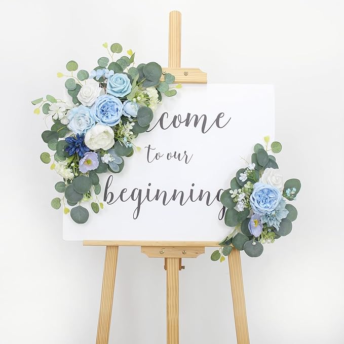 2pcs Wedding Arch Flowers,Wedding Artificial Sign Flower,Welcome Easel Door Decor Wall swags for Reception Backdrop Table Decorations Welcome Sign (Baby Blue)