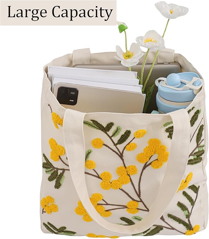 Aesthetic Embroidery Tote Bag for Lady Cute Reusable Canvas Shoulder Bag for Girls Women Shopping Grocery