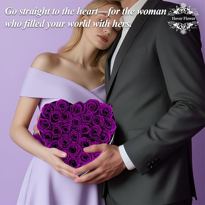 27 Forver Preserved Flowers in a Heart Box, Flowers for Her,Eternal Roses Flowers for Delivery Prime, Flowers Birthday Gifts for Women Mom Grandma Wife - Purple
