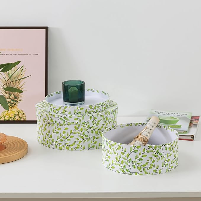 Soul & Lane Oblong Decorative Cardboard Storage Boxes with Lids, Set of 2 Botanical Green and White Keepsake Memory Boxes, Oval Nesting Paperboard Storage for Gifts, Lovely Leaves