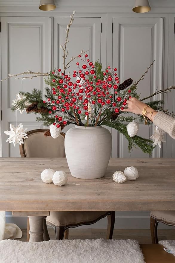 Hollyone 4 Pack Artificial Christmas Glitter Berries Stems, 19 Inch Fake Red Holly Berry Picks with Ice Snow for Christmas Tree Wreath Floral Arrangements Holiday Home Vase DIY Crafts Decor