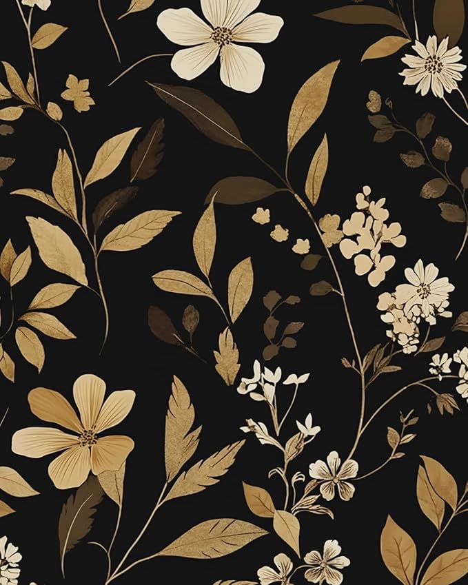 Black Floral Wallpaper Peel and Stick Gold Leaf Contact Paper 17.4" x 118" Boho Wallpaper Waterproof Self Adhesive Wall Covering for Bedroom Countertop Desk Cabinets Decor