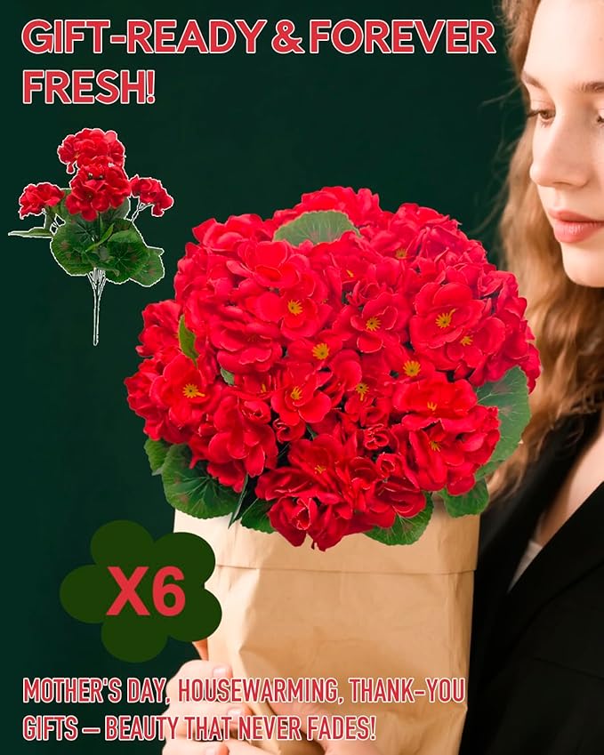 UV Resistant Red Geranium Fake Outdoor Flowers Christmas Decor- 6 Bundles Realistic Silk Artificial Flowers for Outside for Planter Hanging Basket, Faux Plants for Garden Porch Yard Home Décorations
