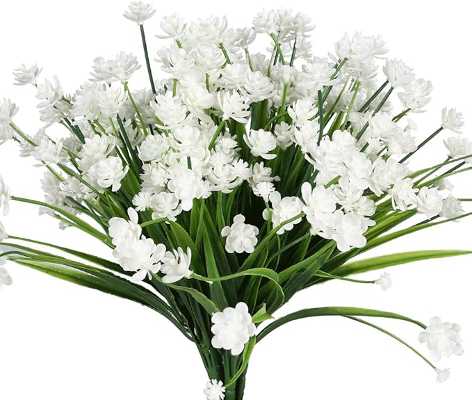 8 Bundles Artificial Flowers, Fake Artificial Greenery UV Resistant No Fade Faux Plastic Plants for Wedding Bridle Bouquet Indoor Outdoor Home Garden Kitchen Office Table Vase (White)