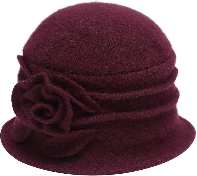ZLYC Women Wool Cloche Bucket Hat 1920s Vintage Dress Winter Hats with Flower Accent