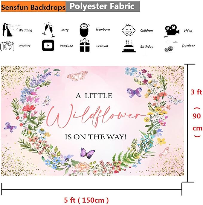 Sensfun A Little Wildflower is On Way Baby Shower Backdrop Banner Girl Wildflowers Party Decorations,Pink Wild Flowers Floral Theme Background for Girls Baby Shower Decor Photo Booth Props 5x3ft