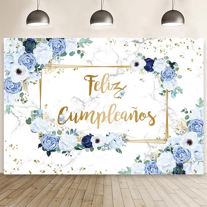 MEHOFOND 8x6ft Feliz cumpleaños Backdrop Blue and White Flowers Birthday Photography Background Girls Geometric Gold Glitter Dots Birthday Floral Party Decorations Cake Smash Decor Studio Photo Props
