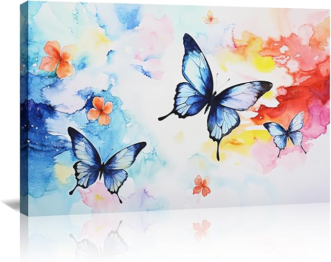 KPLUNDO Butterfly Wall Art Abstract Flower Picture Watercolour Painting Modern Artwork Home Decor Framed for Living Room Bathroom Bedroom Office Decoration Ready to Hang(Art-4,16.00x24.00 inch)