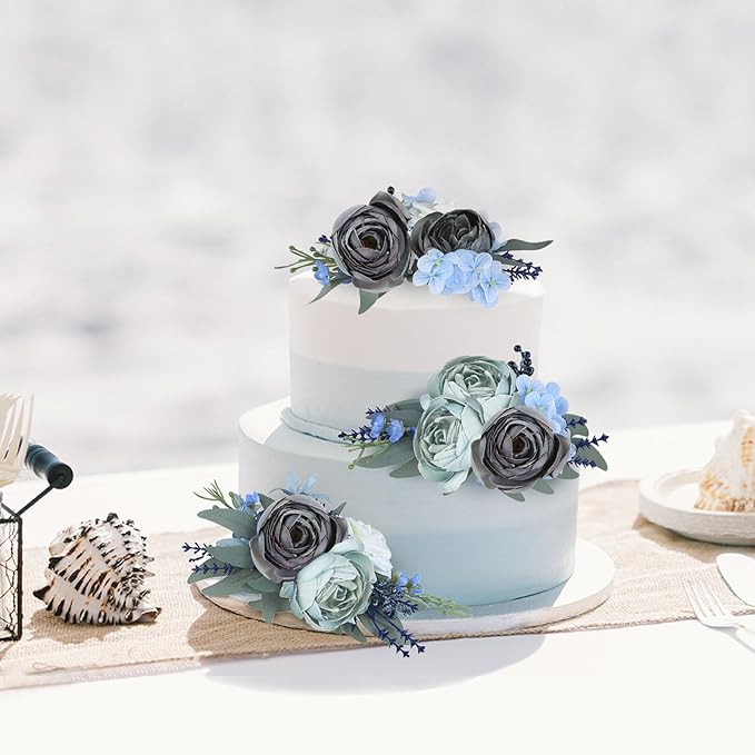 IPOPU Dusty Blue Ranunculus Artificial Flowers 2Bouquets Realistic Silk Flowers 12PCS Mini Fake Flowers for DIY Wedding Bouquet Bridal Shower Decorations Blue Flowers Centerpieces (Dusty Blue)