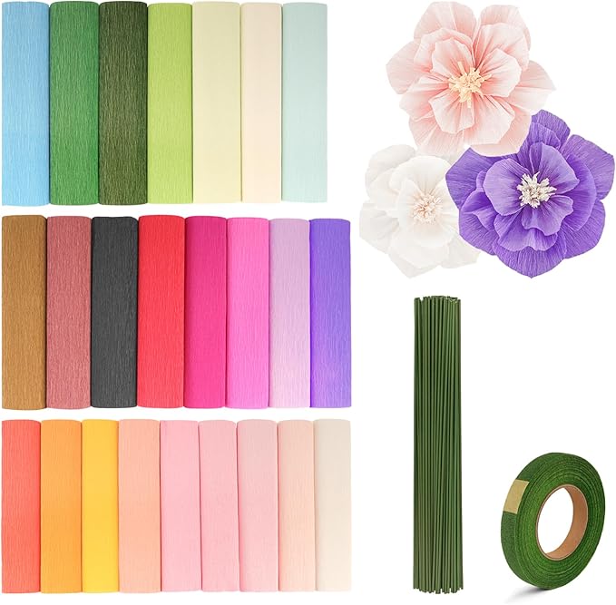 24 Colors Crepe Paper Rolls 10 x 98 Inch Crepe Paper Sheets Assorted Streamers with Floral Stem Wire and Green Floral Tapes DIY Flower Wrapping Paper for Birthday Party Wedding Festival Decoration