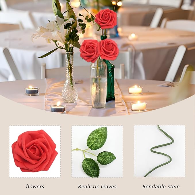 100Pcs Red Artificial Flowers Red Roses Real Looking Foam Fake Roses with Leaves and for DIY Wedding Bouquets Bridal Shower Centerpieces Party Decorations (Red, 100)