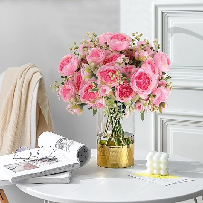 Artificial Peonies Silk Flowers, Pink Faux Peony Bouquet 4 Bundles Florals Arrangements Decor for Farmhouse Home Boho Wedding Table Centerpiece, Fake Plastic Flowers Bulk for Vase Decoration (Pink)