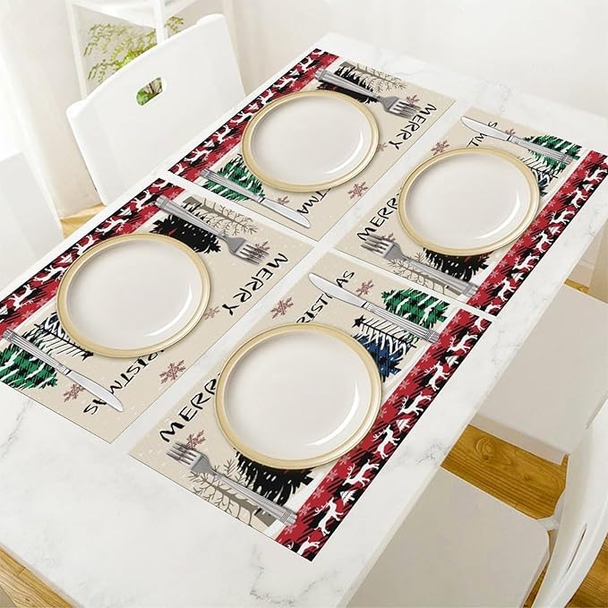 Christmas Placemats Rustic Farmhouse Red Buffalo Plaid Elk Christmas Tree Winter Snowflake Placemats Table Kitchen Dining Party 12x18 Inch Set of 4