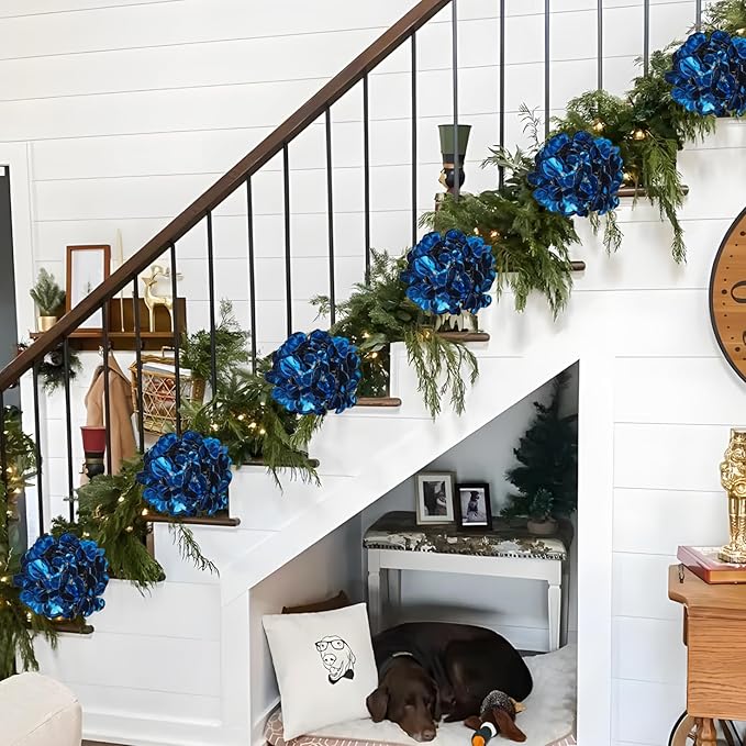 Hollyone 3Pcs Artificial Hydrangea Flowers Blue Christmas Ornaments Flowers 26inch Fake Hydrangea Flower Floral Arrangements Bouquets Xmas Faux Hydrangeas Stems Wedding Party Christmas Home Decor