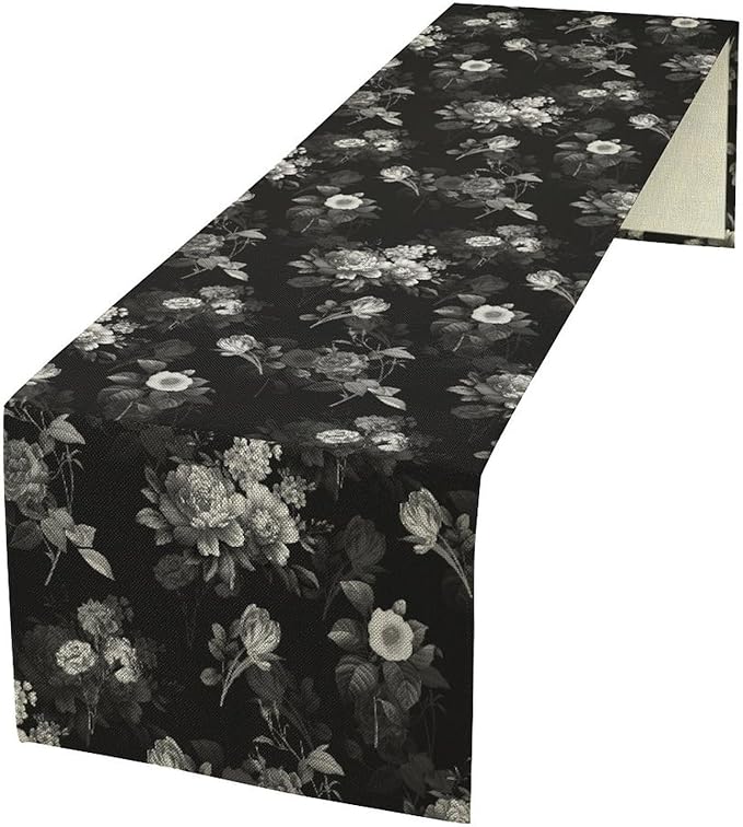 Vintage Botanical Table Runner, Abstract Watercolor Black White Gothic Flower Leaves Plants Print Table Runner for Seasonal Home Decoration Indoor Outdoor Party Decor, 13x90inch