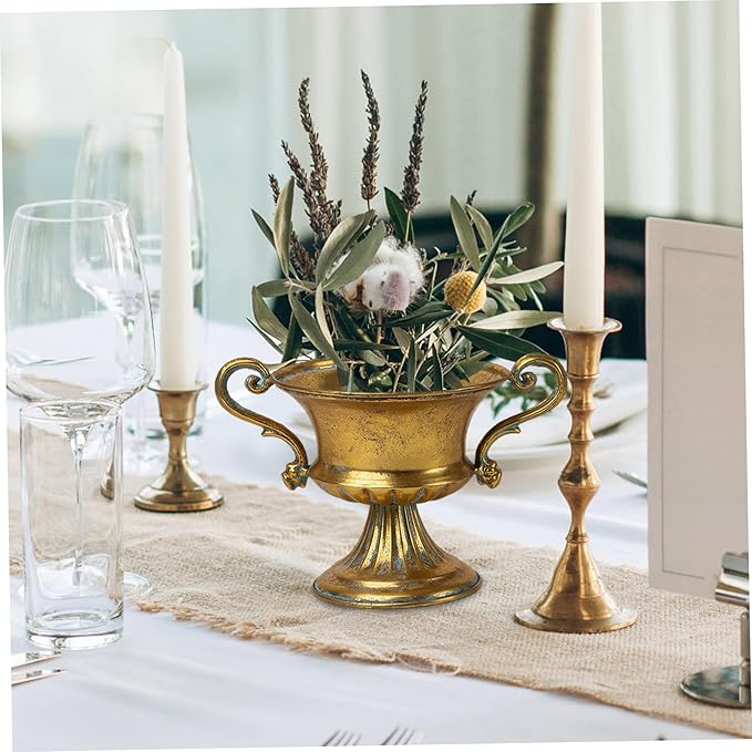 Metal Vase 6 Inch Vintage Trophy-Shaped Golden Color Iron Pedestal Vase with Handle DIY Friendly Decorative Flower Pot for Centerpiece, Wedding, Banquet, Party