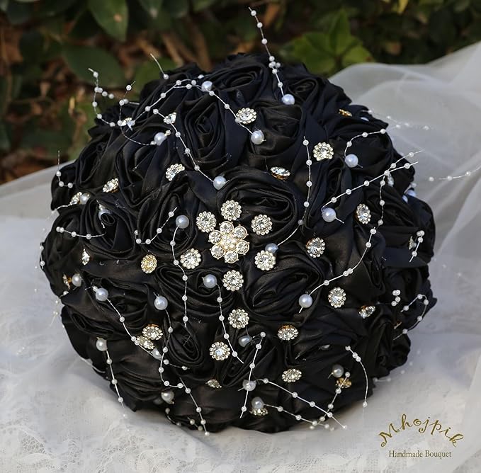 Bridal Wedding Bouquet Round Bling Brooch Bouquet Throw Toss Artificial Rose Flower Bunch for Bride Bridesmaid Wedding Quinceanera(Black, 9.8")