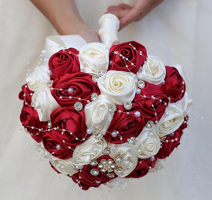 Bridal Wedding Bouquet Round Bling Brooch Bouquet Throw Toss Artificial Rose Flower Bunch for Bride Bridesmaid Wedding Quinceanera(Ruby Red & Ivory, 7.5")