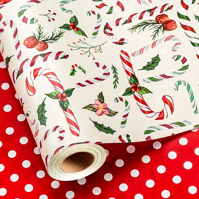 MAYPLUSS Christmas Wrapping Paper Roll - 17 Inch X 33 Feet - Cute Bow Candy Cane Christmas Holly Reversible Polka Dot Gift Wrapping Paper, Thick Wrap Paper for Holiday Party New Year Kids