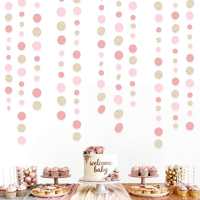 Champagne Gold Rose Pink Polka Dot Garland Champagne Dusty Pink Circle Dot Hanging Streamer Banner for Birthday Baby Shower Bridal Shower Wedding Engagement Retirement Boho Party Decorations Supplies