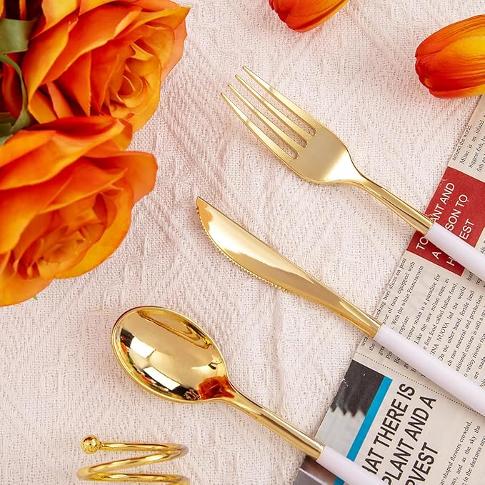 Rubtlamp 96 Pcs Gold Plastic Silverware, Gold Plastic Utensils with White Handle, Cutlery Set Disposable Includes: 32 Knives, 32 Plastic Spoons And 32 Forks for Wedding And Party