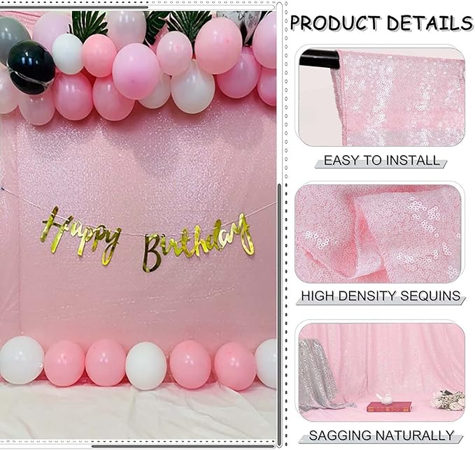 Pink Sequin Curtains 4FTx8FT 2 Panels Sequin Wall Backdrop Curtain