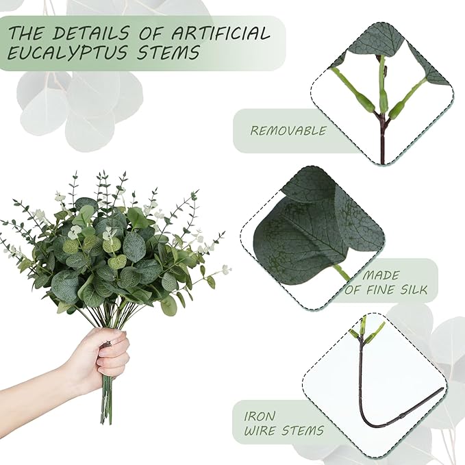 120 Pcs 3 Kinds Mixed Artificial Eucalyptus Leaves Stems Fake Silver Dollar Eucalyptus Leaves Stem Bulk Faux Leaf for DIY Bouquets Floral Arrangement Wedding Home Decor