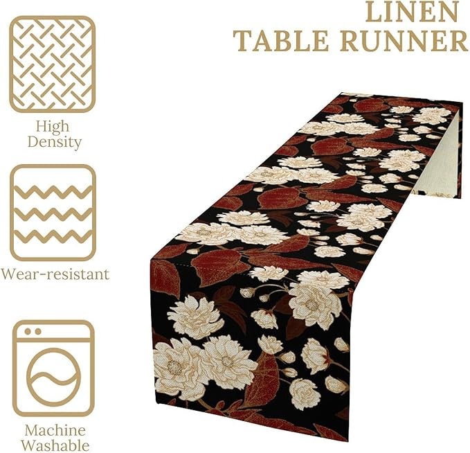Vintage Flowers Table Runner,Boho Red Gold Floral Plant Print Art Table Runner for Home Kitchen Table Dining Indoor Outdoor Party Decor 13x70 Inch
