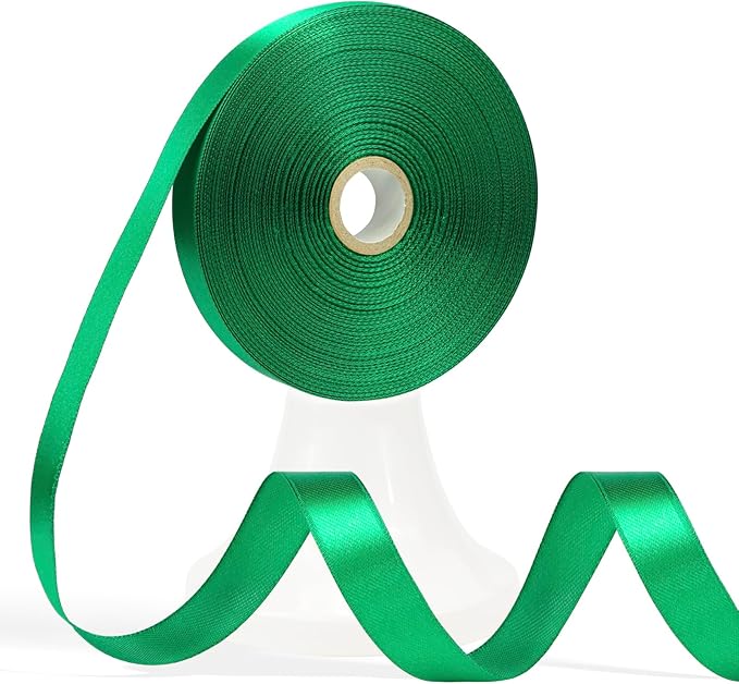 60 Yards Green Satin Ribbon 5/8 Inch, Solid Polyester Fabric Ribbon for Gift Wrapping, Crafts, Flower Bouquet, Wedding, Baby Shower, Festival, Christmas, Halloween