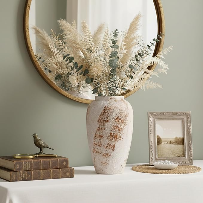 Vintage Ceramic Vase, Minimalist Texture Stone Patterned White Flower Vase, Decorative Vase for Living Room Shelf Farmhouse Dining Table Centerpiece Decor (Rustic 11.8'')