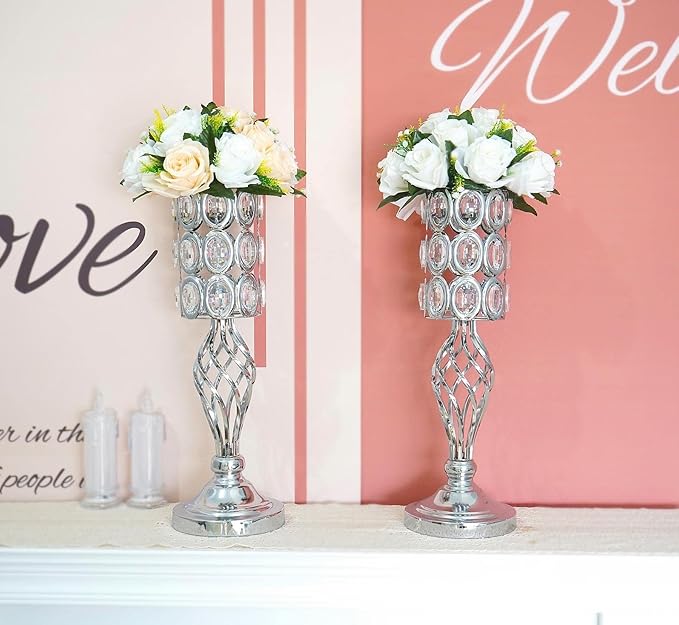 20in Metal Crystal Wedding Centerpiece Vases for Tables Set of 2, Silver Trumpet Flower Vase Stands for Wedding Party Reception Dining Room Living Room Décor