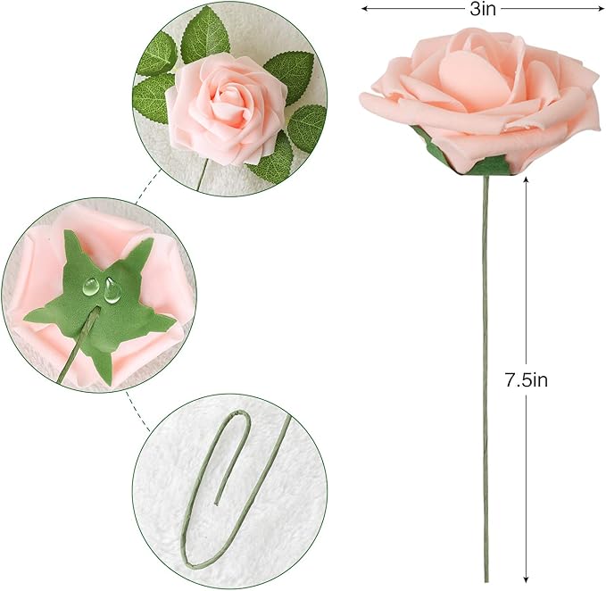 AmyHomie Artificial Flowers Blush Pink Rose 100pcs Real Looking Fake Roses w/Stem for DIY Wedding Bouquets Centerpieces Arrangements Party Baby Shower Valentines Day Christmas Tree Decorations
