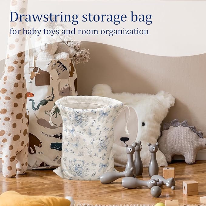 DSHFG Light Blue Chinoiserie Birthday Drawstring Gift Wrap Bags, Chinoiserie Bear Baby Shower Drawstring Gift Bags Canvas, Blue and White Small Happy Birthday Bag, 10x13 Inch