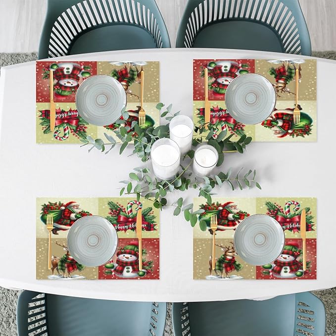 Christmas Waffle Santa Claus Cute Placemats Set of 6 PVC Vinyl Non Slip Table Mats Heat Resistant Place Mats Washable Wipeable Dining Table Mat for Kitchen Decor Party Indoor Outdoor Decorative Gift