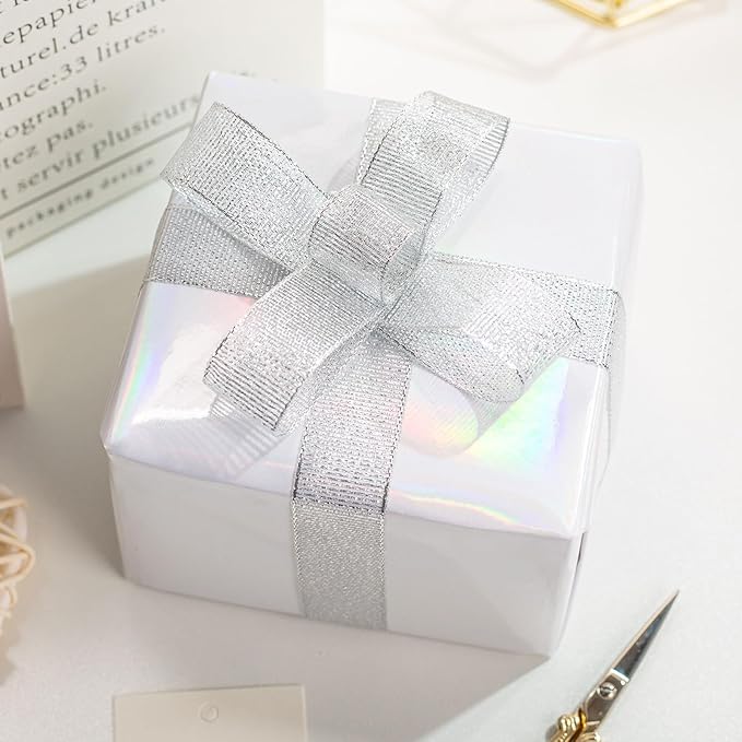 Merture Solid Color Wrapping Paper Roll - 17 Inches X 32.8 Feet(46.5 sq.ft.) - 1 Roll, Metallic White Wrapping Paper for Wedding, Birthday, Party, Holiday, Congrats, Shower