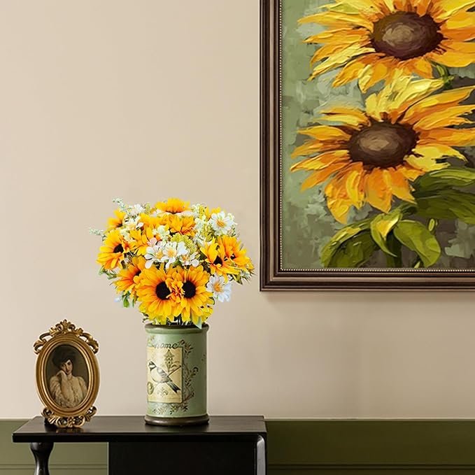 5 Bunches Artificial Sunflowers Bouquets, Fake Silk Sunflower with Faux Daisy Wildflowers Plants for Home Decor Indoor Floral Arrangements Table Centerpiece Bridal Wedding Decor (Orange)