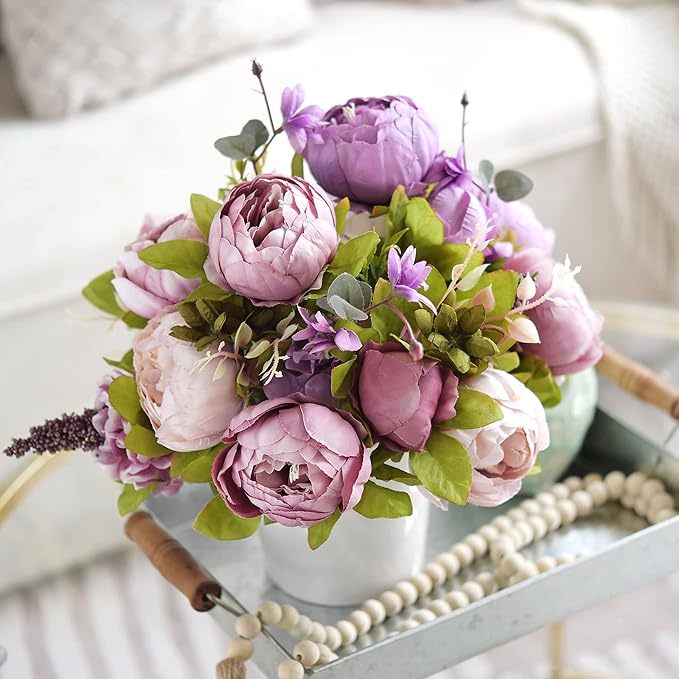 FiveSeasonStuff Vintage Artificial Peonies Silk Peony Flowers and Hydrangeas for Wedding Bridal Home Décor – Beautiful Floral Centerpiece Arrangement Decoration with 2 Bouquets (Puce Purple)