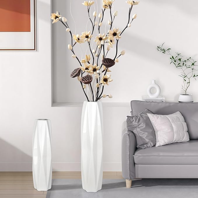 Large Ceramic Floor Vase 17.7 Inches Tall,White Tall Modern Flower Vases For Office, Home,Farmhouse,Living Room Décor,Simple Origami Design Fall Decorative Porcelain flower Arrangement Vase Ideal Gift
