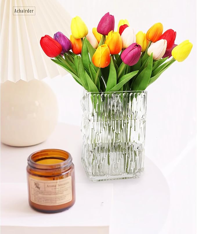 30pcs Tulips Artificial Flowers, Artificial Latex Real Touch Tulips Flowers Bouquet for Mother's Day Easter Wedding Party Home Decor-Multi 6 Color