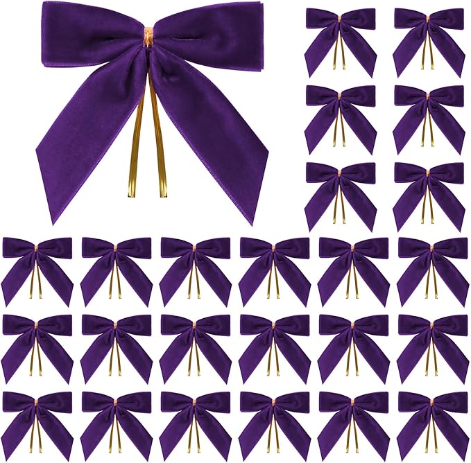 24 Pcs Purple Small Velvet Christmas Bows for Christmas Tree, Wreath, Gift Wrapping, Crafts, Wedding, Party, Twist Tie Bows for Treat Bag Bakery Candy Bags, Home Decor 1" W,3.5 x 3.5 inch